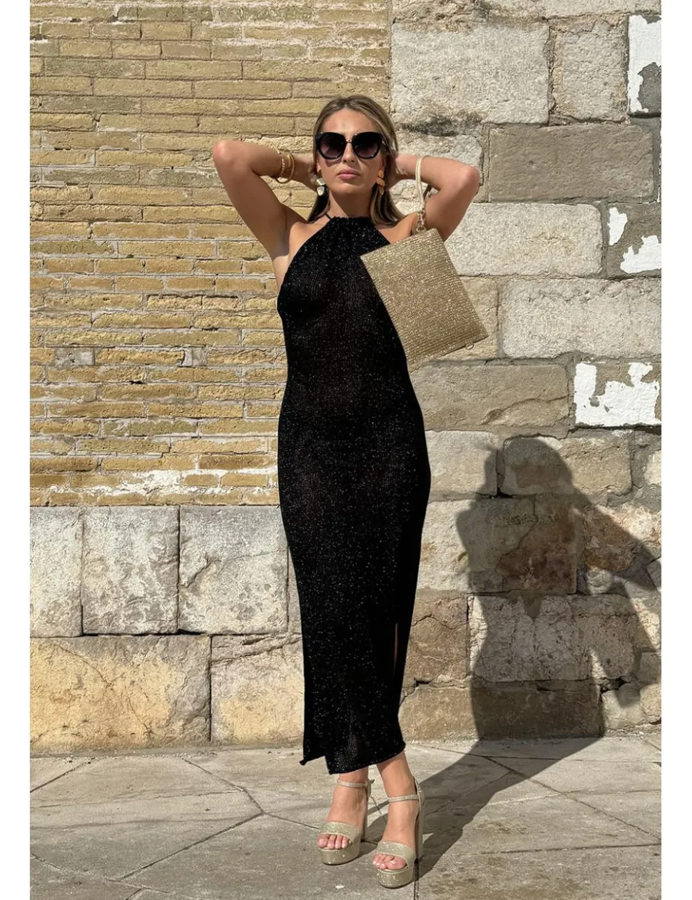 Vestido midi lurex halter negro