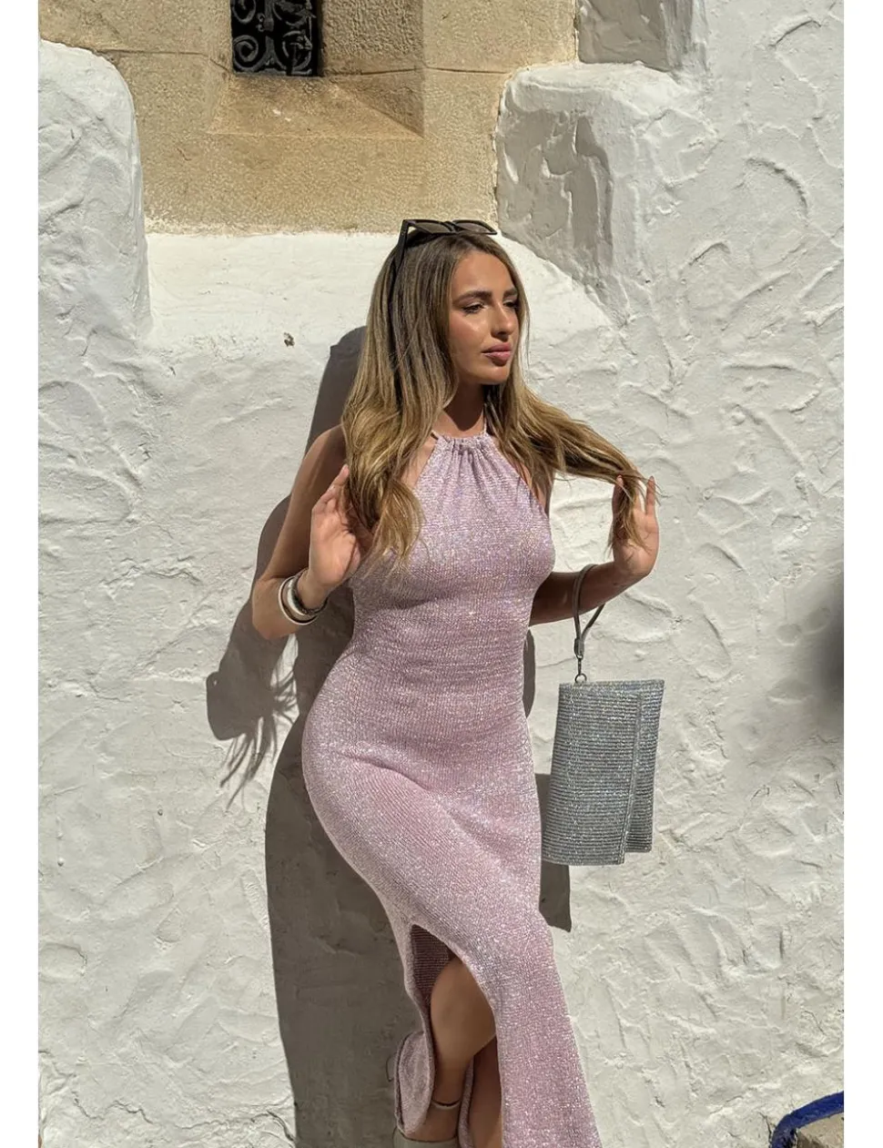 Vestido midi lurex halter rosa