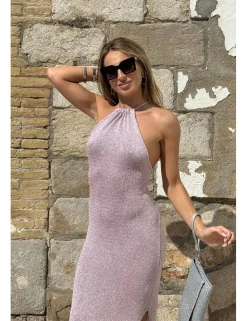 Vestido midi lurex halter rosa