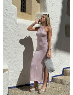 Vestido midi lurex halter rosa