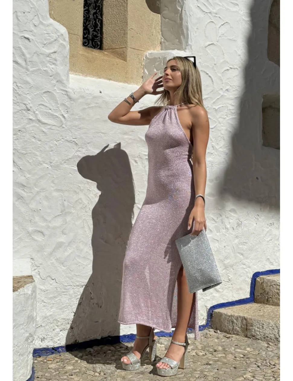 Vestido midi lurex halter rosa