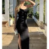 Vestido midi transparencia negro-plata