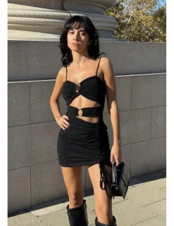 Vestido mini lúrex aberturas negro