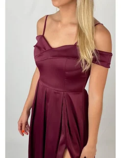 Vestido raso bardot granate