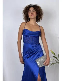 Vestido raso corset pedrería azul klein