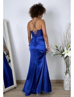 Vestido raso corset pedrería azul klein