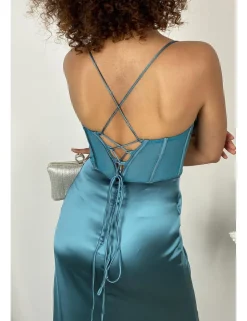 Vestido raso corset pedrería verde