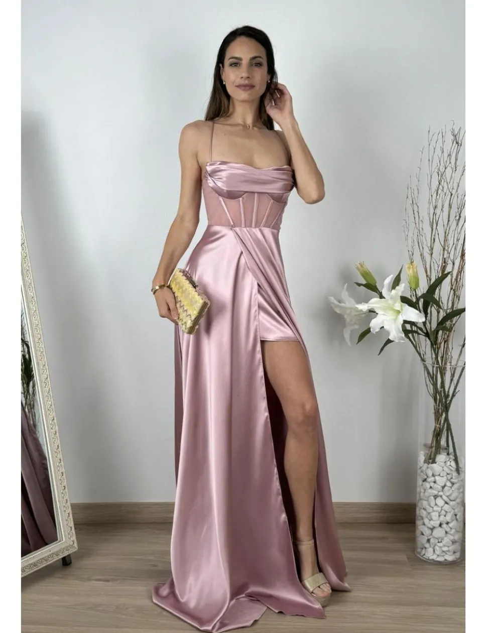 Vestido raso corset transparencia rosa
