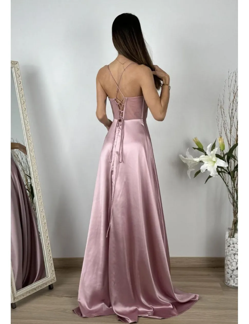 Vestido raso corset transparencia rosa