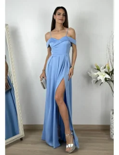 Vestido raso corte princesa celeste