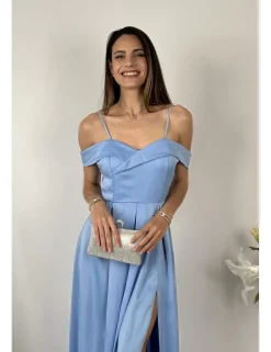 Vestido raso corte princesa celeste