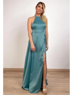 Vestido raso largo con abertura verde
