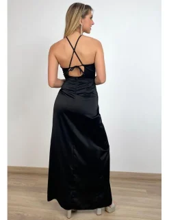 Vestido satinado largo frunce negro