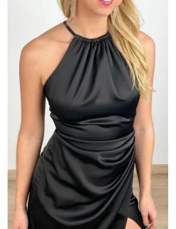 Vestido satinado largo frunce negro